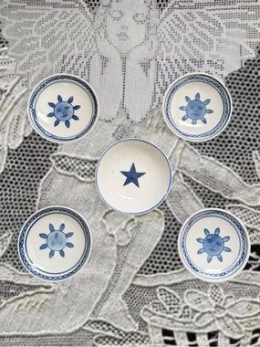 Vintage Whimsygoth Celestial Sun and Start Blue & White Porcelain Bowl Plates